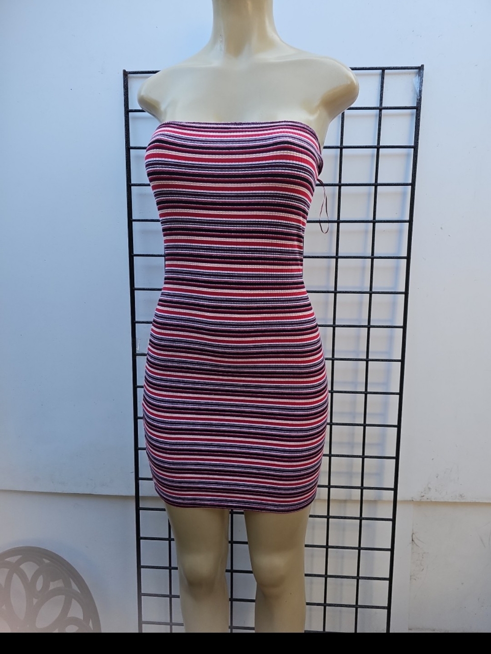 Ambiance Strapless Striped Bodycon Dress in Pink, Black and White